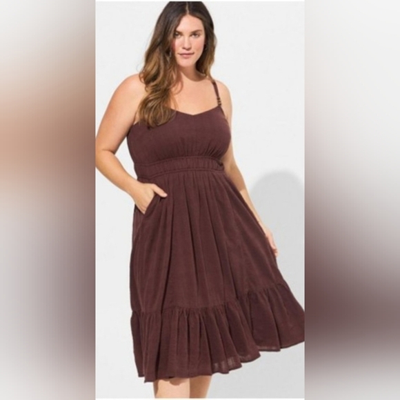 Torrid Womens Plus Size Brown Textured Cotton Tiered Midi Dress - Size 2X - Picture 1 of 12